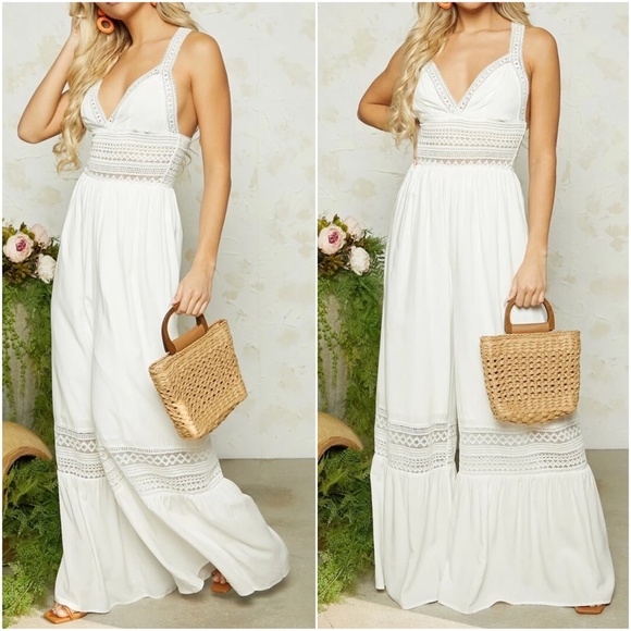 Boho White Lace Wide Leg Jumper Jumpsuit - Picture 2 of 5
